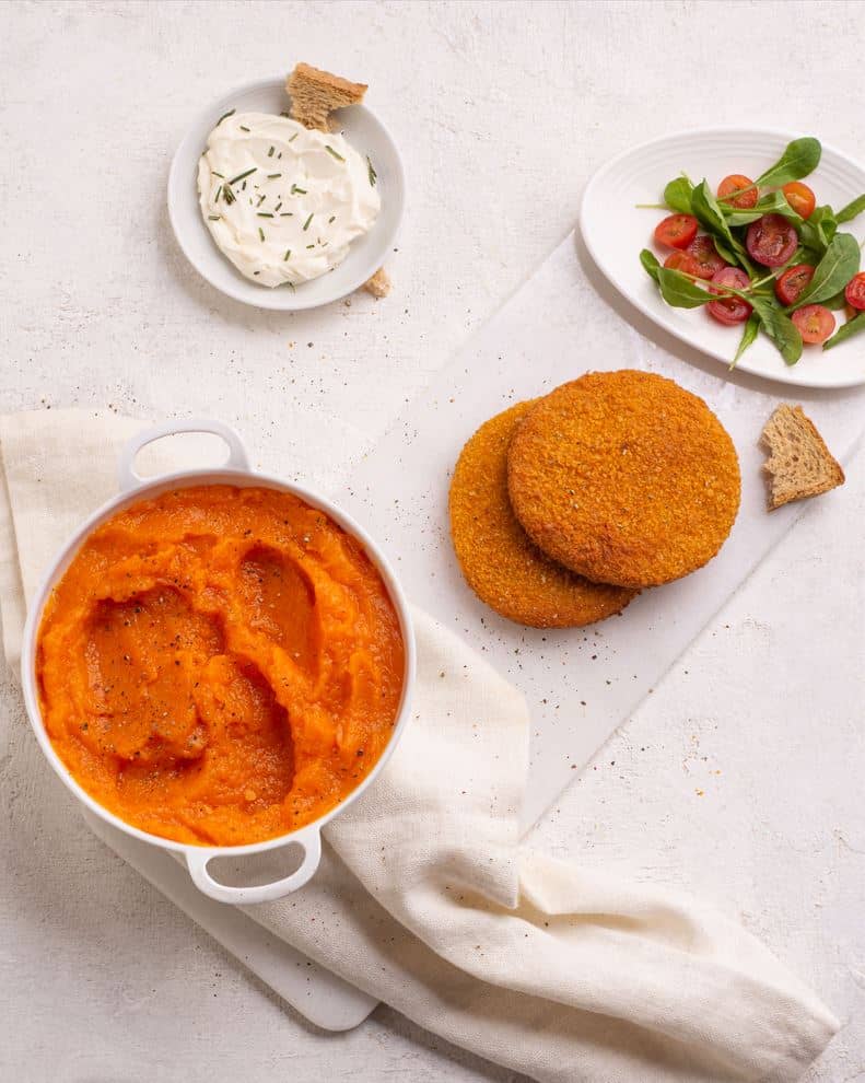 Hamburguesas de pollo con puré de calabaza